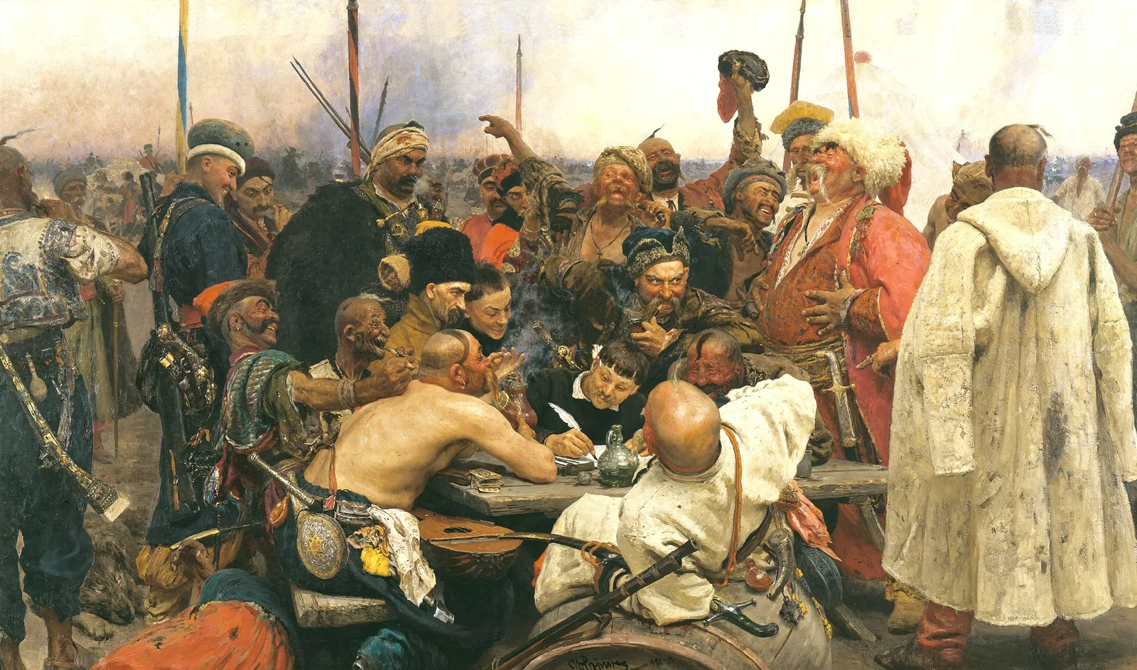 Reply of the Zaporozhian Cossacks by Ilya Repin (1880–1891) — depicting the Zaporozhian Cossack community of the Lower Dnipro region, whose singing tradition of war ballads and community songs forms the historical foundation of the Cossack's songs of Dnipropetrovsk Region inscribed as UNESCO Intangible Cultural Heritage File 01194; a kobza string instrument is visible in the foreground