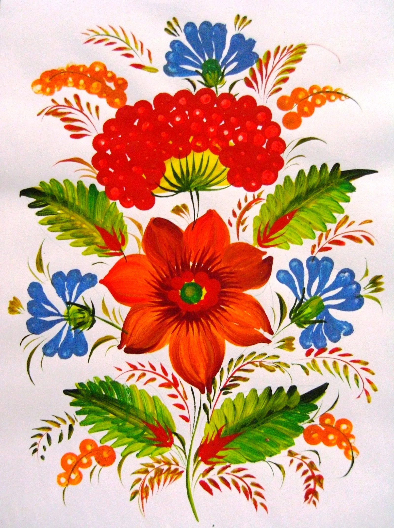 Traditional Petrykivka decorative painting Ukraine featuring red poppy viburnum berries blue cornflowers and green leaves — UNESCO Representative List Intangible Cultural Heritage of Humanity 2013