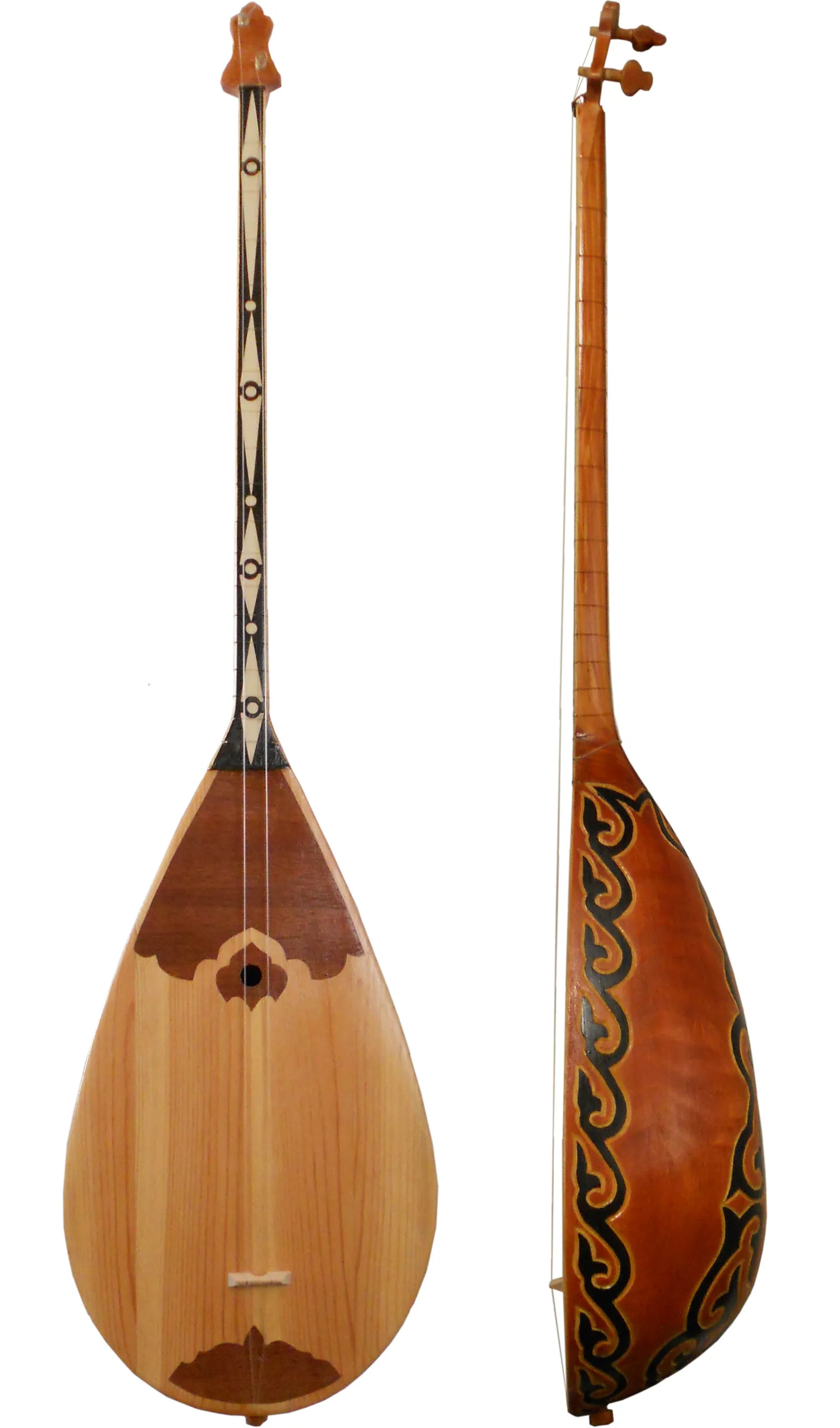 Kazakh dombra — the two-stringed plucked lute with decorated piriform body shown front and back, the national instrument of Kazakhstan whose kuy compositional tradition was the country's first UNESCO intangible cultural heritage inscription (File 00996, 2014)