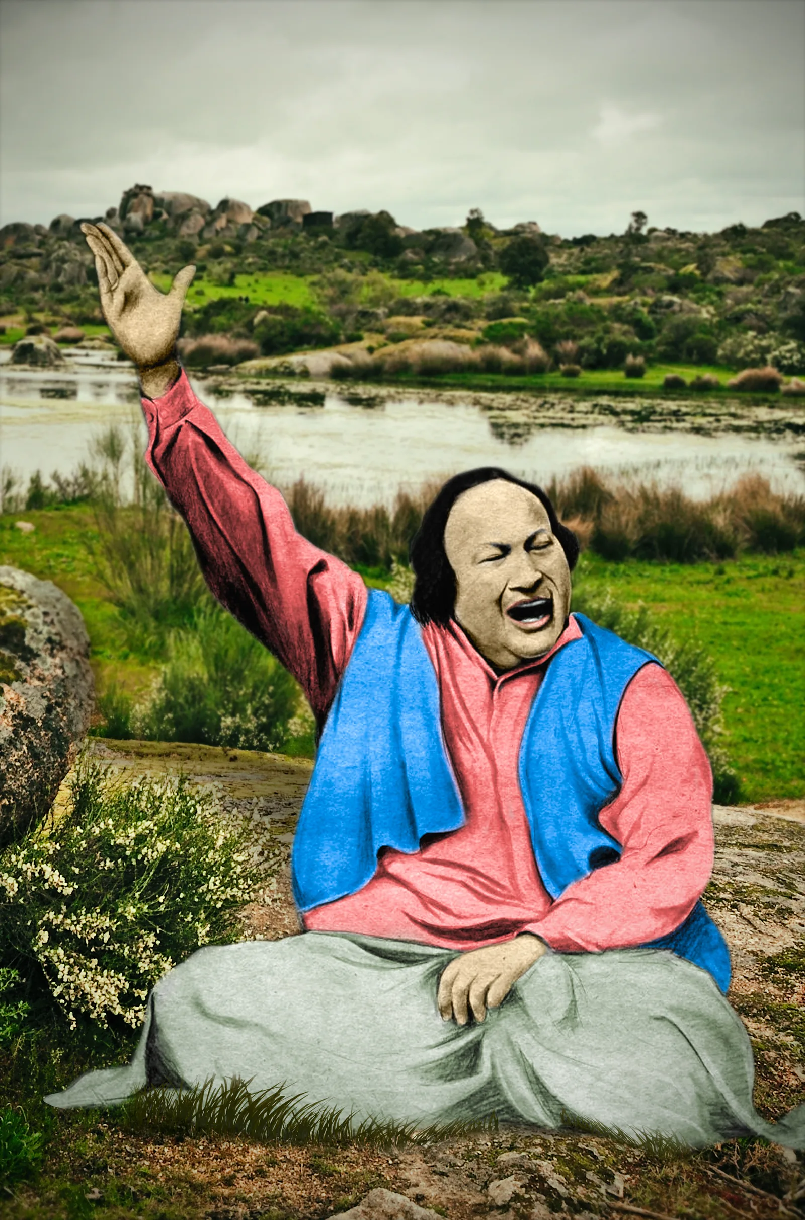 Portrait of Ustad Nusrat Fateh Ali Khan (1948–1997), hereditary qawwal of the Qawwal Bacchon ka Gharana from Faisalabad, Pakistan — whose Real World Records recordings and WOMAD festival performances introduced qawwali to Western audiences and made him the defining modern practitioner of the tradition
