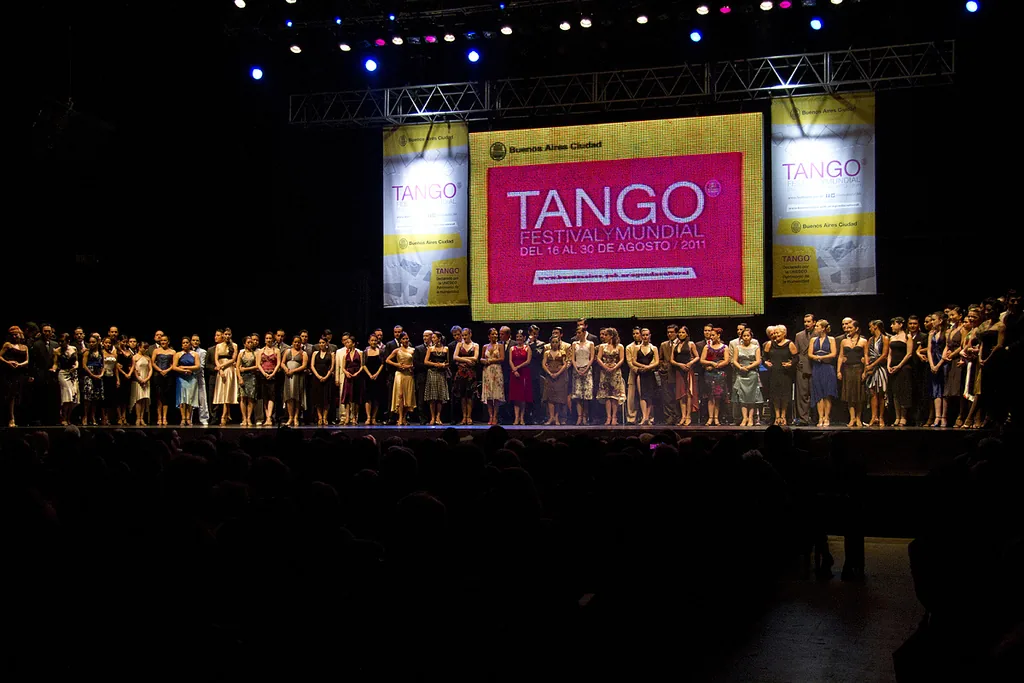 Dancers assembled on stage at the 2011 Tango World Championship Festival y Mundial at Luna Park Buenos Aires — UNESCO's tango inscription covers the communities of practitioners including the competition circuit