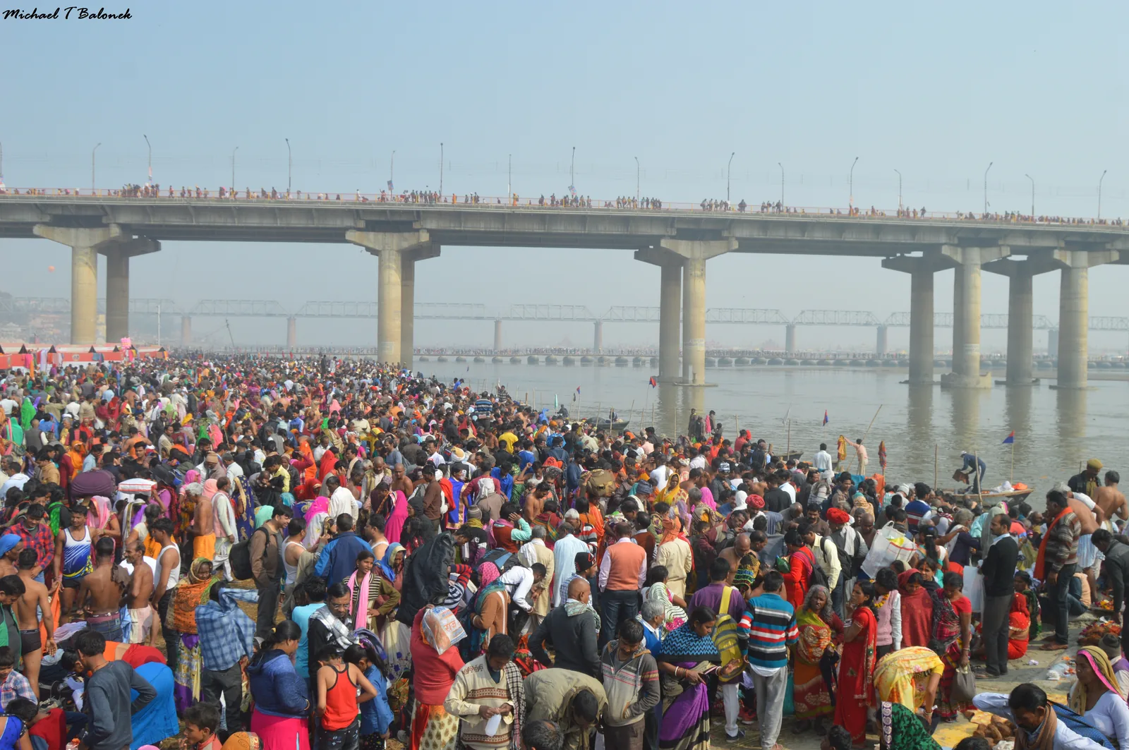 Massive crowd of pilgrims at Kumbh Mela 2019 near Shastri Bridge in Prayagraj India — UNESCO inscribed Kumbh Mela as File 01258 in 2017, the largest peaceful gathering on Earth